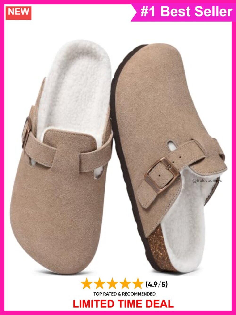 Genuine Suede Fur Lined Clogs Fuzzy Cork Footbed